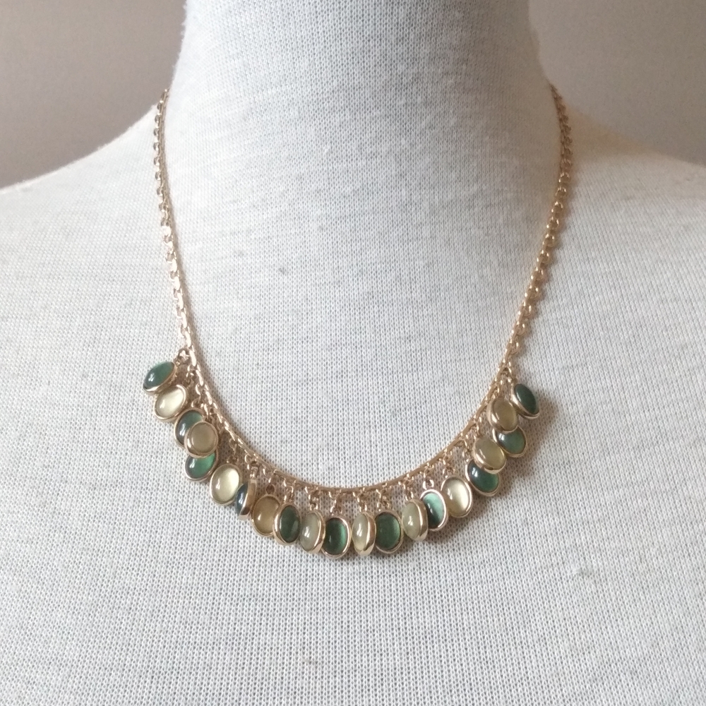Vintage Gold Tone Green Dangle Moonstones Necklace